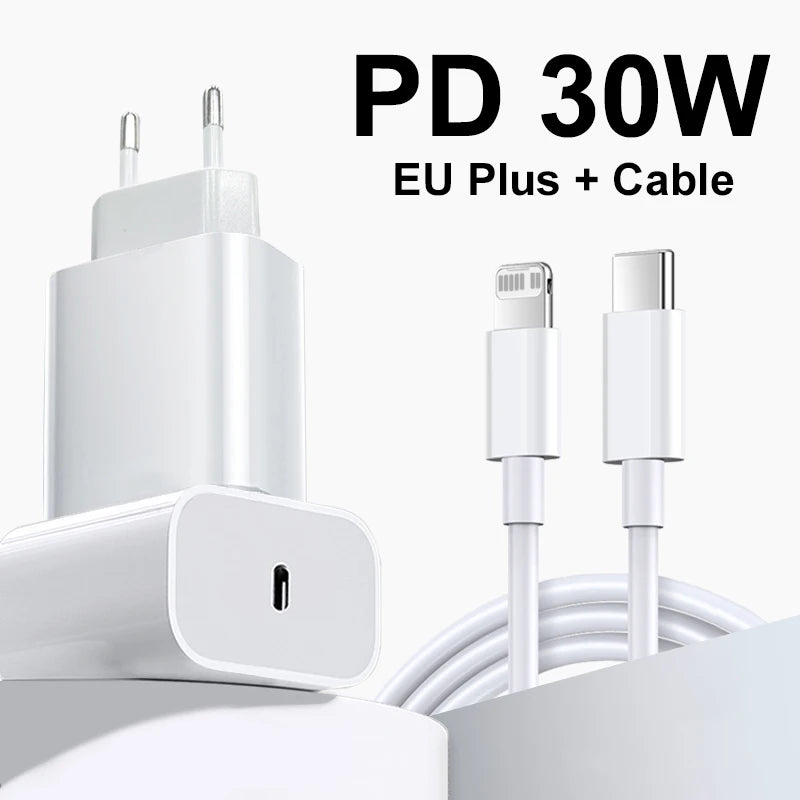30W PD3.0 Quick Charger  For iPhone 11 13 12 14 Pro Max XR XS SE 8 Plus Fast Charging USB C Cable Phone Chargers Accessories